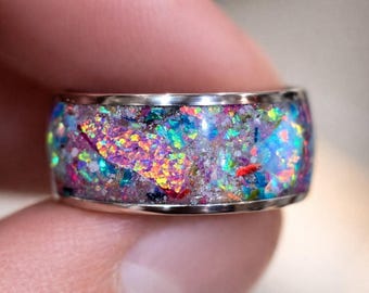 Anillo de bodas de tungsteno con meteorito, ópalo y siete cristales de Nebula Shard Galaxy