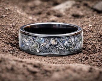 Anillo Lunar Azul Artemisa – Anillo de piedra lunar y meteorito Muonionalusta, banda de tungsteno/titanio con brillo azul, alianza de boda espacial, joyería cósmica