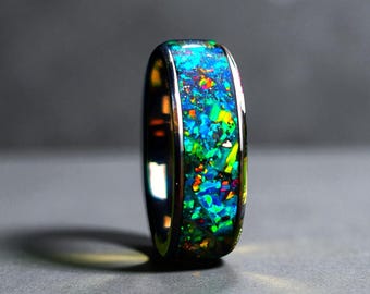 Anillo con incrustaciones celestiales • Meteorito, cristal y ópalo • Tungsteno o titanio