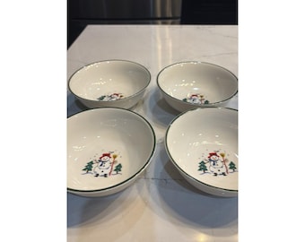 Pfaltzgraff Snow Village Snowman Cereal Soup Bowls Set of 4 Holiday