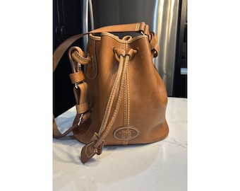 Dooney & Bourke Tan All Weather Leather Drawstring Bucket Bag Purse