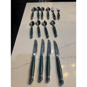 May include: A set of stainless steel flatware with dark green handles. The set includes spoons, forks, and knives. The handles have a rounded shape and a silver band at the base.