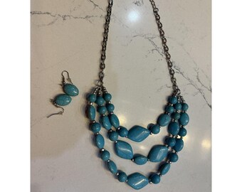 Southwest Native American Style Necklace/Earrings Faux Turquoise Silver  10in