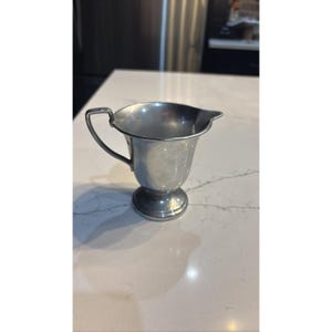 May include: A small, silver-colored creamer with a handle and a spout. The creamer has a rounded body and sits on a small, circular base. The handle is curved, and the spout is slightly pointed.