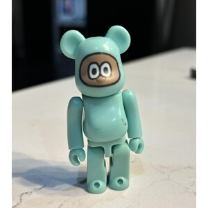 May include: A light teal-colored collectible figure with a bear-like head and a cartoon face. The figure has articulated limbs and a round belly. The face is tan with large, oval eyes and a black outline. The figure is standing on a white surface.