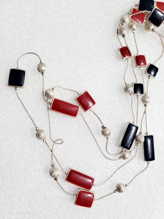 Red and Black Rectangular and Square Bead Long Ne… - image 2