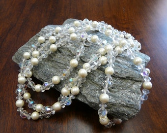 Vintage Faceted Crystal and Faux Pearl Necklace