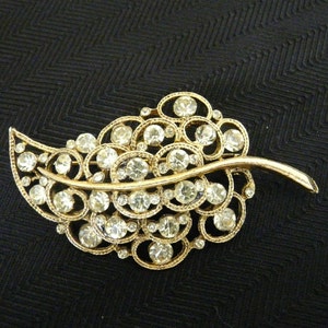Goldtone Leaf Pin with Pale Green Rhinestones
