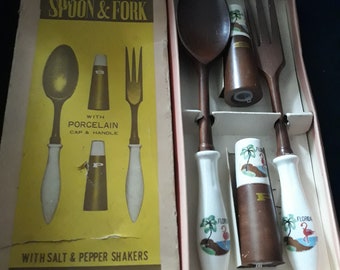 Vintage Wooden Spoon & Fork, Salt and Pepper Florida Souvenir