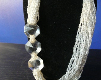 Silver Seed Bead and Crystal  Necklace/Torsade