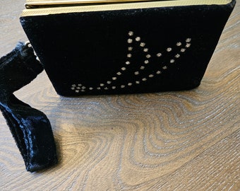 1950s Laurita Black Velvet and Rhinestone Clutch with Accessories