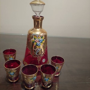 Vintage Hand Painted Ruby Red Glass Decanter and Five Glasses