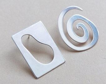 Niet-overeenkomende geometrische oorbellen, sterlingzilver, riva-oorbellen