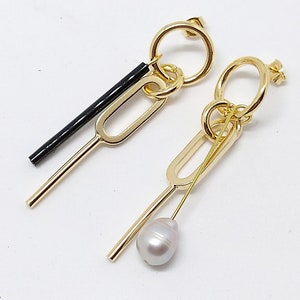 Mismatched earrings, Emily earrings, pearl earrings, gold plated brass image 1