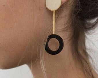 Long Statement earrings, geometric earrings, Dora earrings, gold plated brass