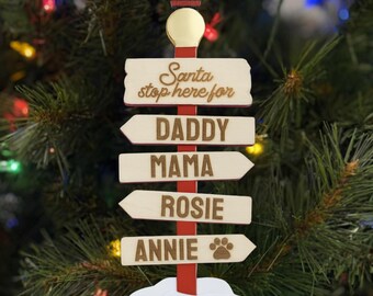 Personalized Santa Stop Here Ornament 2025, Custom Family Name Ornament, Wooden Direction Sign Ornament, Family Holiday Keepsake