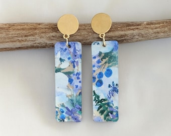 Blueberry Floral Earrings, Acrylic Rectangle Dangle Earrings, Lightweight Botanical Jewelry, Nature Inspired Gift for Her, Boho Earrings