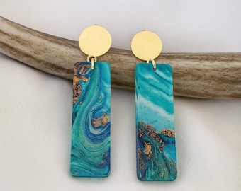 Teal and Gold Acrylic Dangle Earrings, 24K Gold Plated Studs