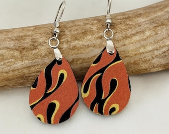 Flame Print Acrylic Dangle Earrings, Retro Rockabilly Style