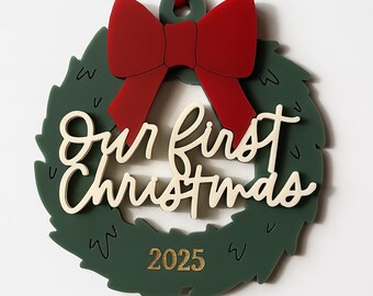 Our First Christmas 2025 Ornament, Couple’s First Christmas Keepsake, Newlywed Christmas Gift, Wreath Ornament, Holiday Keepsake Gift