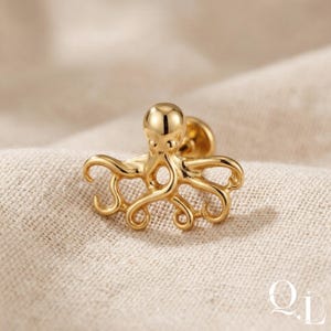 Titanium Octopus Cartilage Stud, Tiny Ocean Flat Back Labret Nose Helix Piercing Jewelry