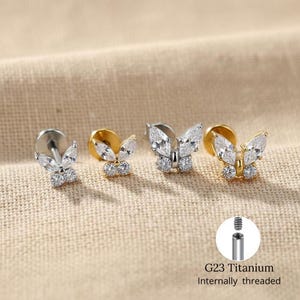 Orecchino labret a farfalla con gemma CZ in titanio G23 con filettatura interna - Piercing per conchiglia, elice e trago