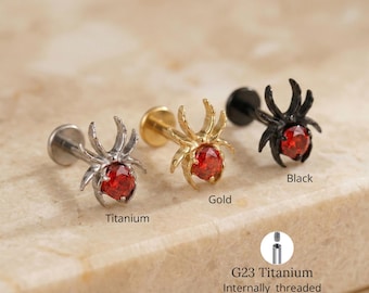 Piercing de cartílago con forma de araña de titanio 16G con circonitas cúbicas, joyería para piercings de Halloween para hélix, tragus y lóbulo con motivos de animales.