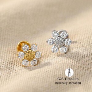 以下が含まれることがあります： 金色の花型ピアスと銀色の花型ピアスが2つ。それぞれ6つの透明な丸い宝石が付いています。金色のピアスの中心部はテクスチャード加工のデザインです。ピアスはG23チタン製で、内部にねじが切られています。