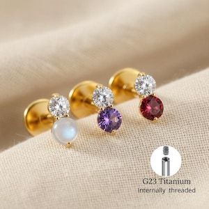 Pendiente de titanio de 16 g con doble circonita cúbica para cartílago: piercing pequeño de dos piedras con parte trasera plana para labio, trago, hélix y nariz.