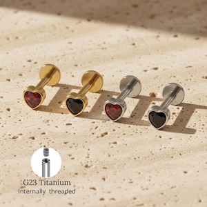 G23 Titanium Heart Shaped Cubic Zirconia Flat Back Labret Stud, Garnet Cartilage Helix Tragus Conch Ear Piercing Jewelry