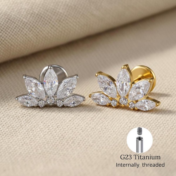 Lotus CZ G23 Titanium Internally Threaded Labret, Conch, Helix, Tragus Earring