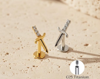 Titanium 16G Cubic Zirconia Sword Flat Back Stud, Tiny Poniard Cartilage Earring, Helix Tragus Lip Piercing Jewelry