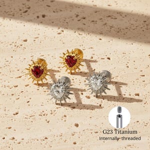 Titanium 16G Heart Flat Back Labret Stud, Heart Cartilage Earring, Helix Tragus Piercing Jewelry