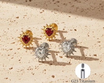 Titanium 16G Heart Flat Back Labret Stud, Heart Cartilage Earring, Helix Tragus Piercing Jewelry