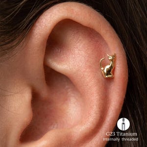 May include: A gold-colored cat-shaped stud earring worn in the upper ear cartilage. The jewelry features a smooth, polished finish and a feline silhouette. A small circular inset shows the G23 titanium internally threaded post mechanism.