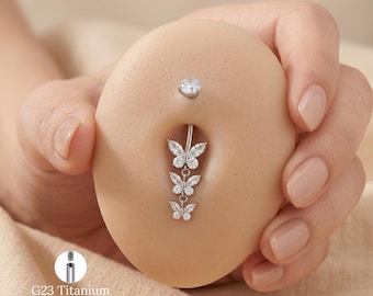 Tytanowy kolczyk do pępka z trzema motylami 14G, biżuteria z cyrkoniami do piercingu pępka