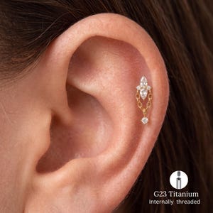 Titanstjärna Blomkedja Dingelörhänge 16G, Kubisk Zirconia Platt Baksida Helix Brosk Näspiercing Smycken