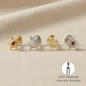 Titanium 16G Starburst Cubic Zirconia Cartilage Earring, Flower Helix Stud, Tragus Labret Monroe Medusa Piercing Jewelry, Flat Back Stud
