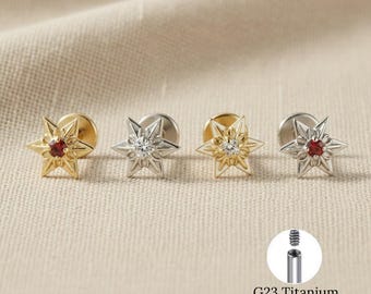 Pendiente de cartílago de titanio 16G con circonita cúbica en forma de estrella, pendiente de hélix con forma de flor, piercing tragus labret Monroe Medusa, joyería para piercing, pendiente de cierre plano