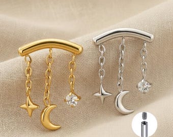 Orecchino a catena con elica nascosta in titanio 16G, delicato gioiello da piercing per cartilagine con pendente in zirconia cubica a forma di stella e luna