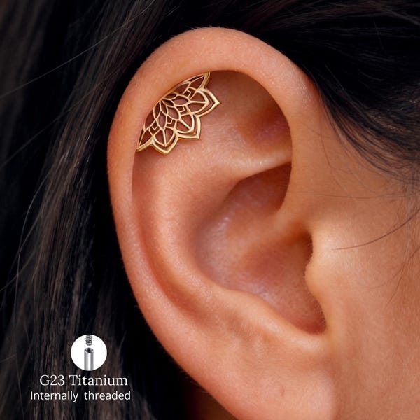 Titanium Lotus Flower Hidden Helix Earring 16G, Floating Cartilage Stud Gothic Punk Piercing Jewelry
