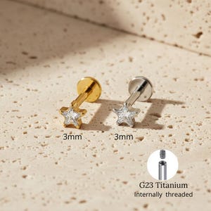 Titanium 16G Star Cubic Zirconia Cartilage Earring, Dainty Star Flat Back Stud, Tragus Conch Helix Nose Labret Piercing