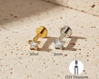 Titanium 16G sterretje met zirkonia, oorbel voor kraakbeenpiercing, sierlijk sterretje met platte achterkant, tragus, conch, helix, neuspiercing