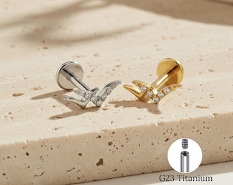 Titanium 16G Double Wild Goose Flat Back Labret Stud, Tiny Flying Bird Cartilage Earring, Tragus Helix Ear Piercing Jewelry