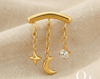 Titanium 16G verborgen helix ketting, sierlijke ster en maan zirkonia hanger kraakbeen stud piercing sieraden
