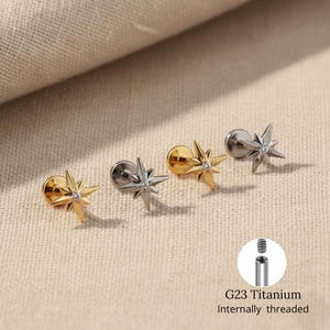 G23 Titanium North Star Labret Stud - Internally Threaded Star Earring - Conch, Helix, Tragus Piercing