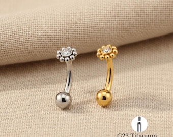 Orecchino a forma di fiore in titanio 16G CZ - Labret con bilanciere curvo per piercing al sopracciglio, alla cartilagine e al trago