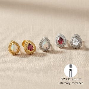 Titanium Pear Teardrop Opal, Clear & Garnet Flat Back Stud, Cartilage Earring, Conch Helix Tragus Piercing Jewelry, 16G Labret