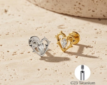 Titanium 16G Hollow Heart Cartilage Earring, Teardrop Cubic Zirconia Screw Back Labret Stud, Helix Piercing Jewelry