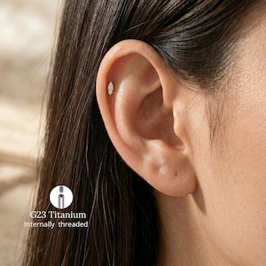 May include: An ear with a small, teardrop-shaped earring. The earring is decorated with tiny, sparkling stones. The text "G23 Titanium Internally threaded" is displayed in a small graphic.